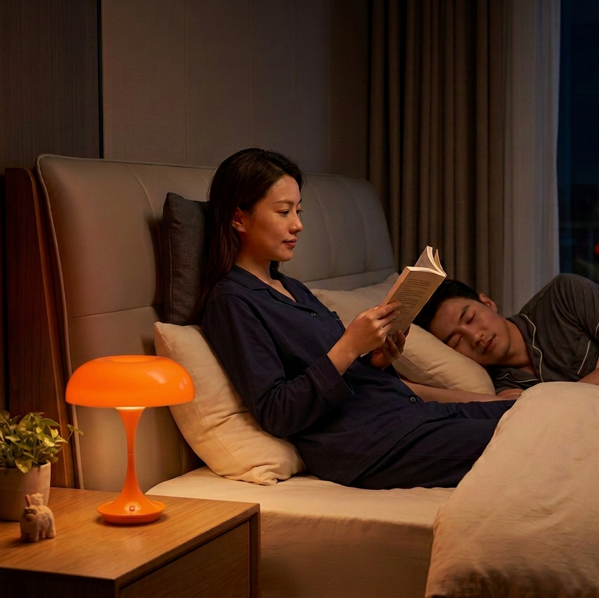 Lampe champignon orange sans fil sur la table de chevet eclairant livre de lecture