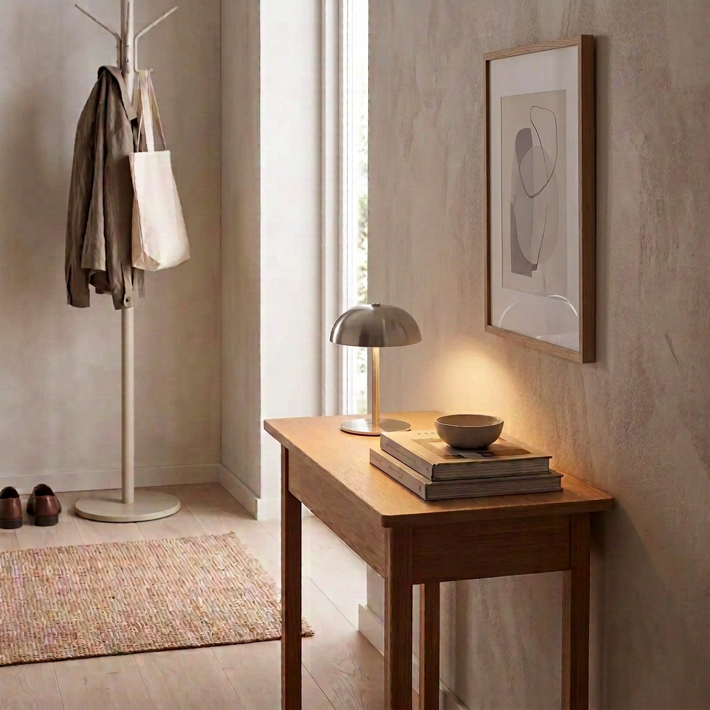 Entrée cosy eclairée par une petite lampe champignon sans fil metal argent tactile