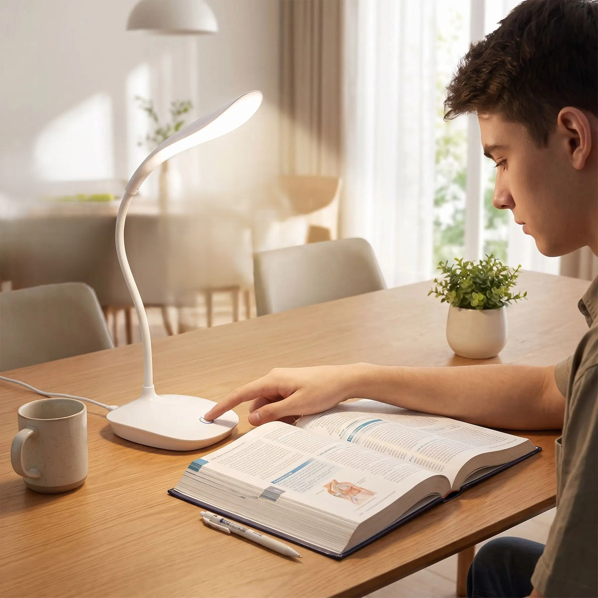 Etudiant regle intensite lumineuse de sa lampe de bureau sans fil tactile pour lire 