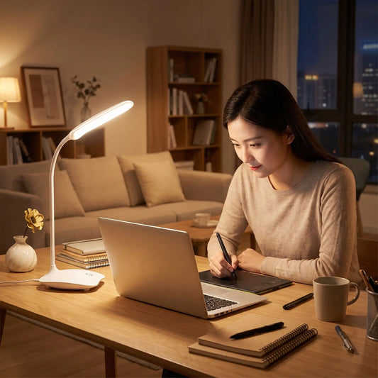 Graphiste dans salon eclairee par lampe de bureau sans fil nomade
