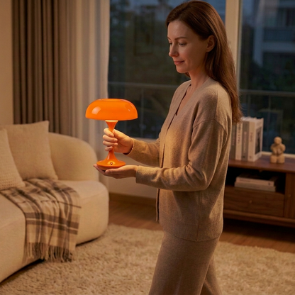 Lampe champignon orange sans fil portable deplacee dans le salon
