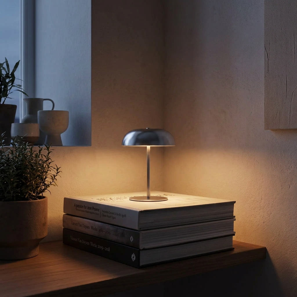 Lampe champignon sans fil argent posée sur des livres dans une ambiance tamisée 