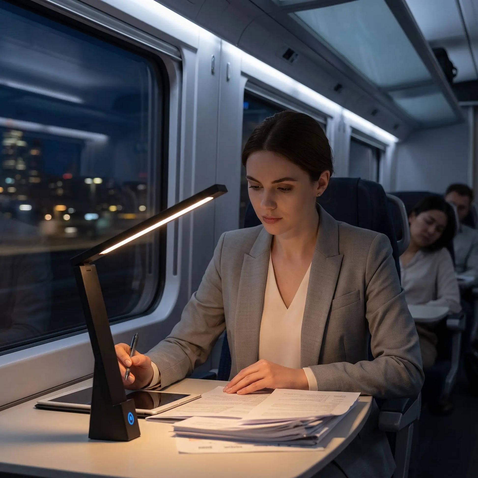 lampe de bureau led portable eclaire travail femme dans train