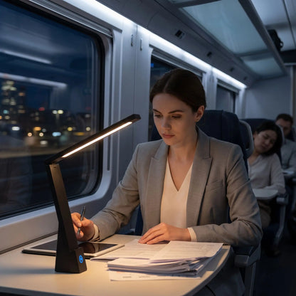 lampe de bureau led portable eclaire travail femme dans train