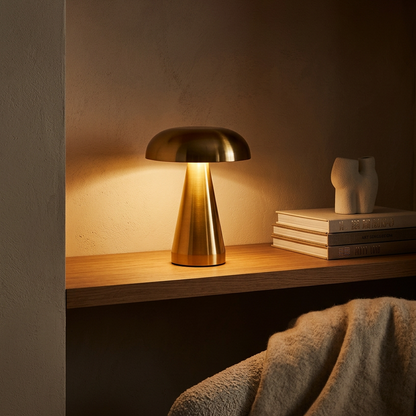Petite lampe champignon doré éclairant doucement et sublimant un coin de salon