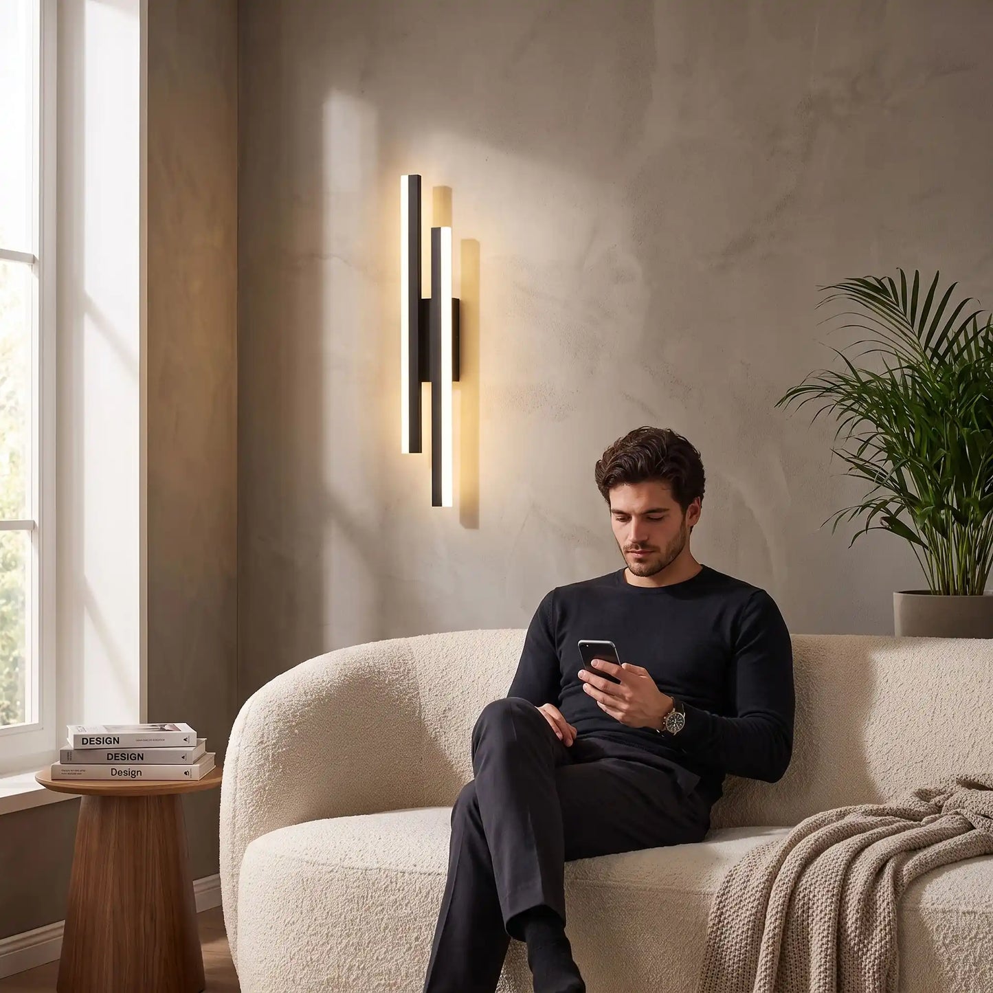 applique murale LED noire homme lisant dans salon contemporain cosy