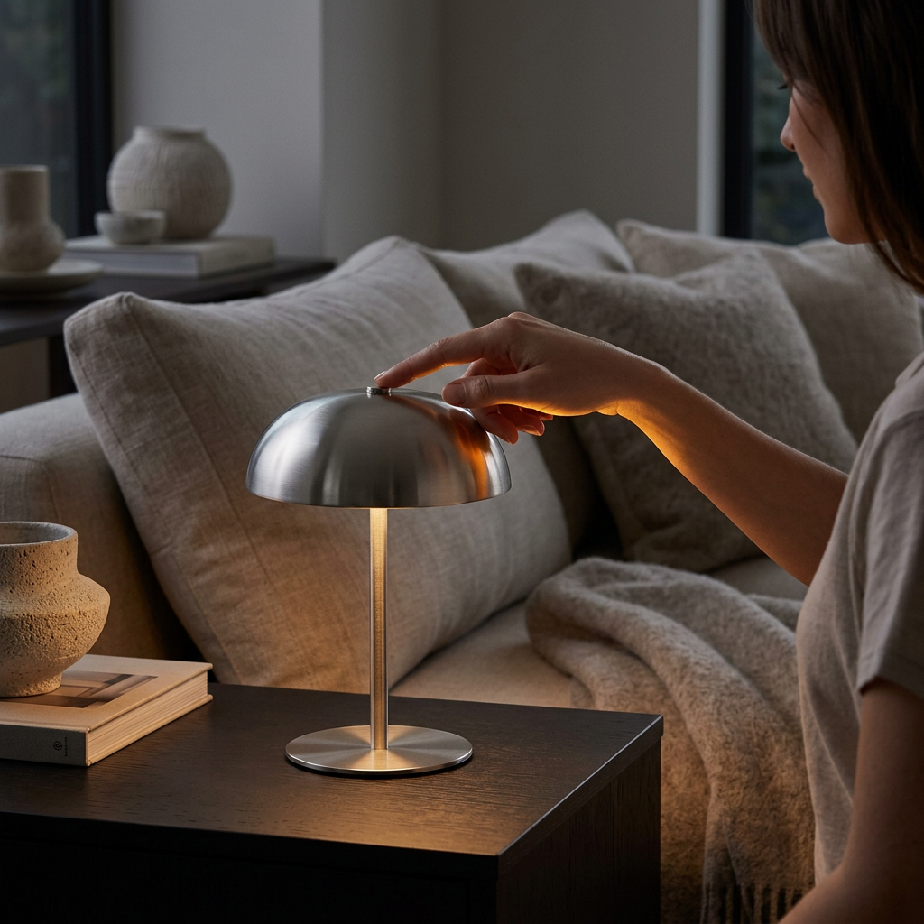 Femme allumant d’un simple toucher une lampe champignon sans fil métal argent 