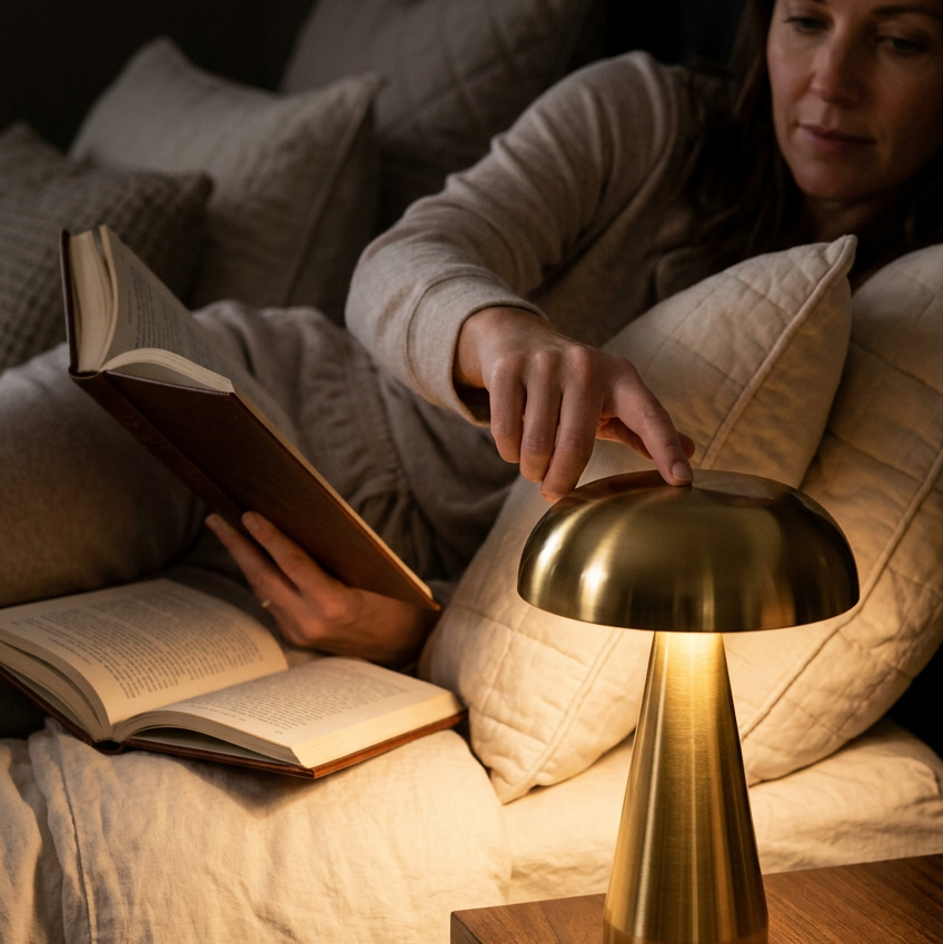 Femme réglant intensité lumineuse de la lampe champignon doré sans fil sur sa table de chevet